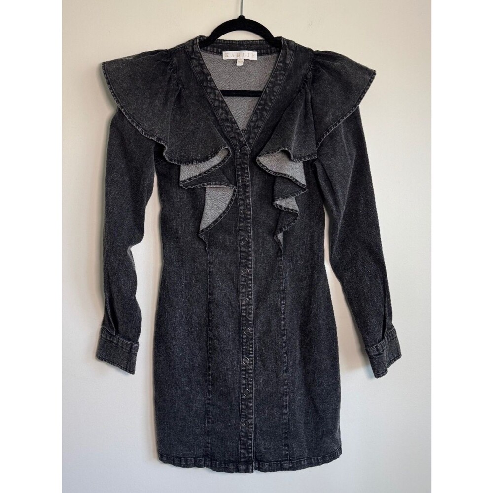 Karlie Black Demin Ruffle Sleeve Snap Front Mini Dress | Size S - Picture 3 of 9